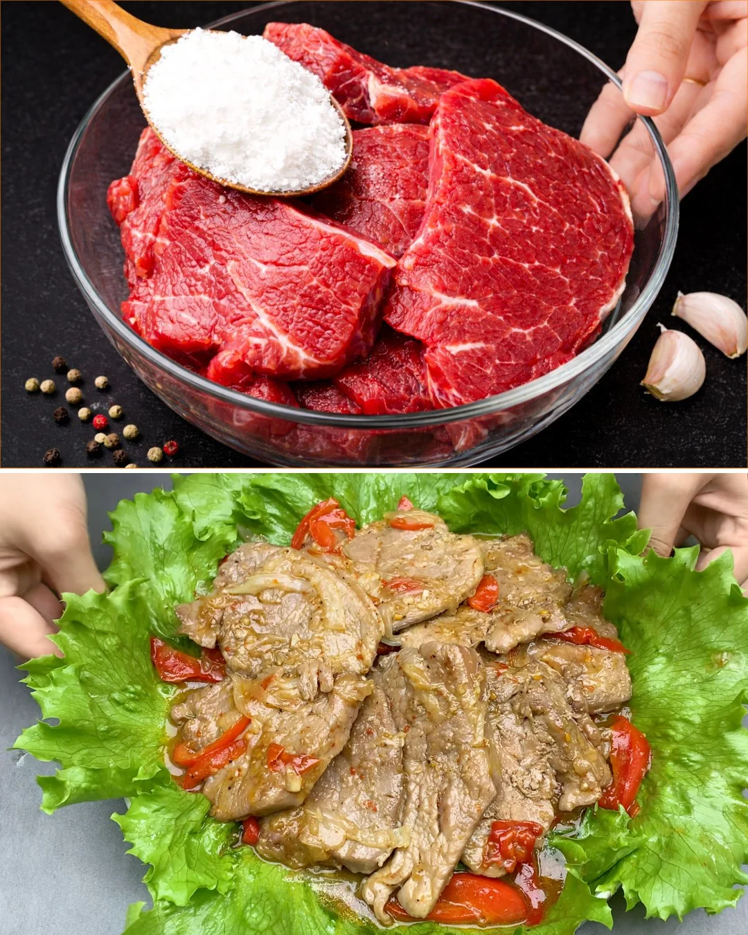 A plate of incredibly tender and juicy beef, garnished with fresh herbs.
