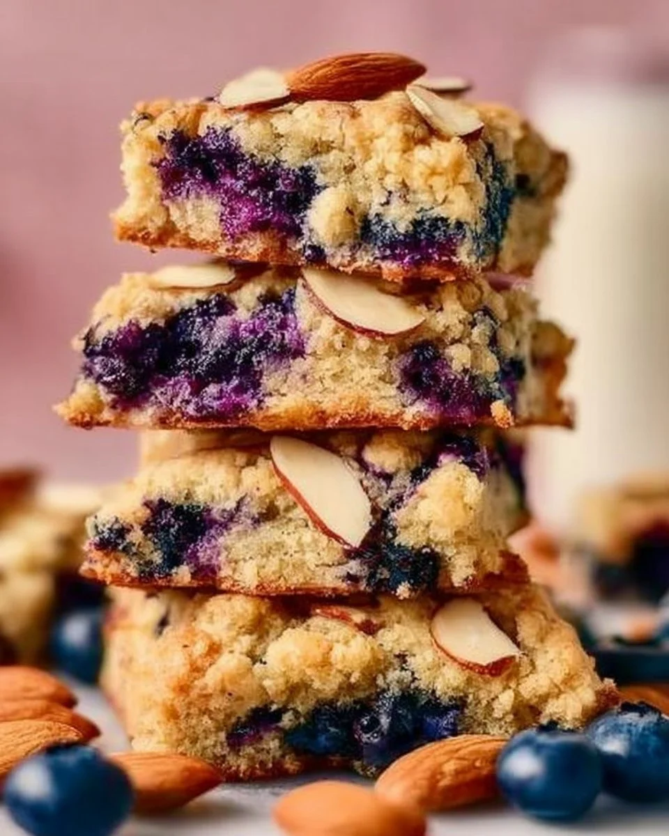 Blueberry almond crumble bars with fresh blueberries and almond topping
