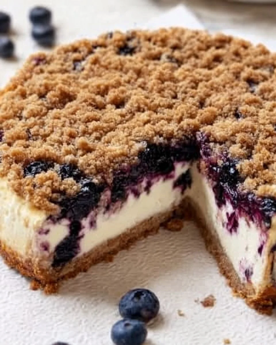 Blueberry crumble cheesecake topped with a crunchy crumble