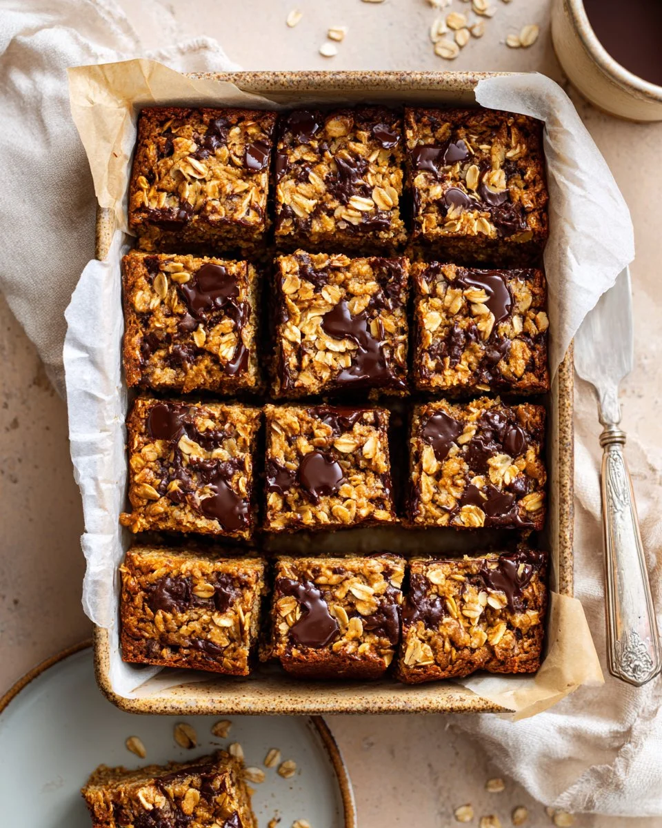 Delicious breakfast brownies topped with nuts and fruit on a white plate