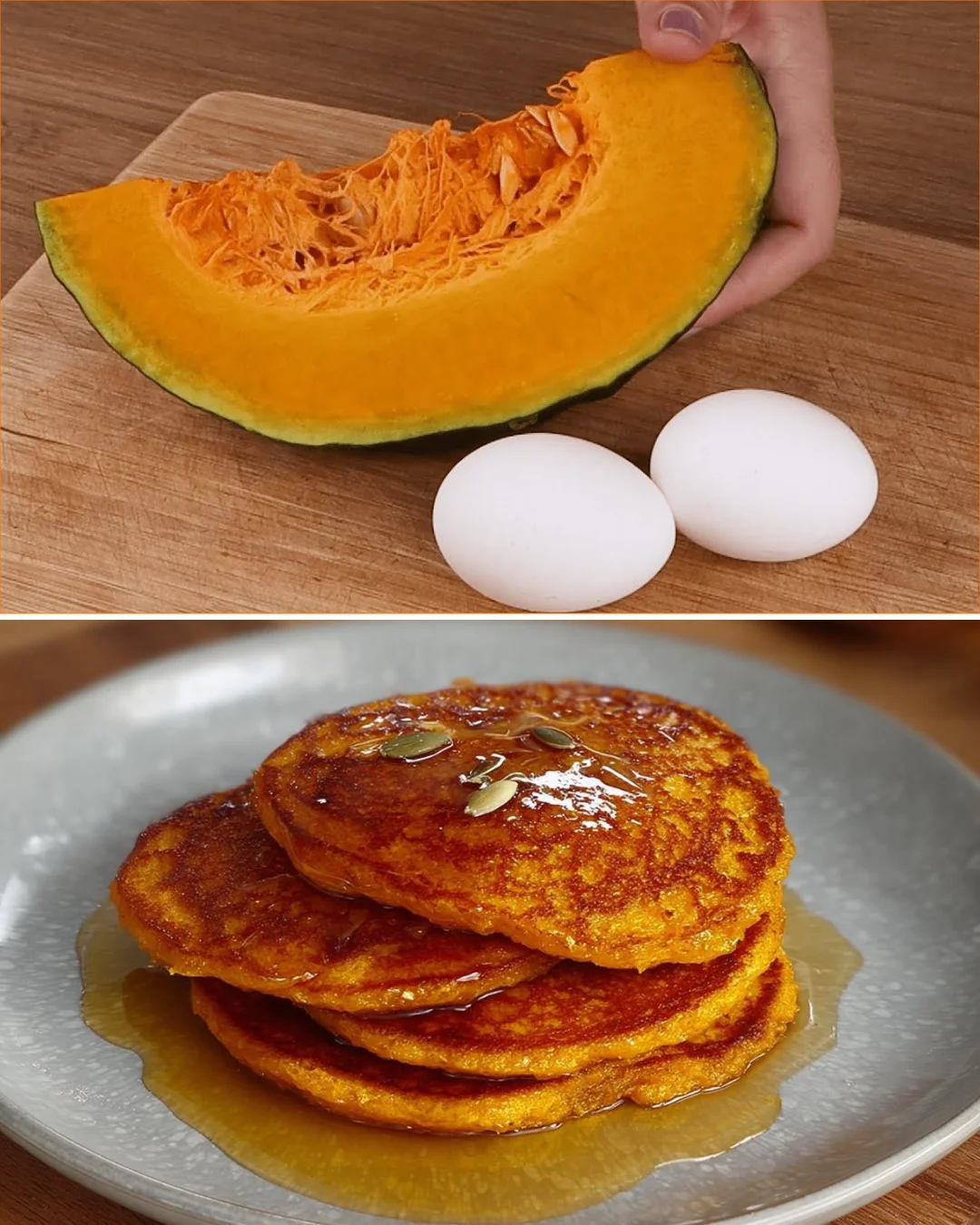Fluffy Cabotia Squash Pancakes served with maple syrup and fresh fruit