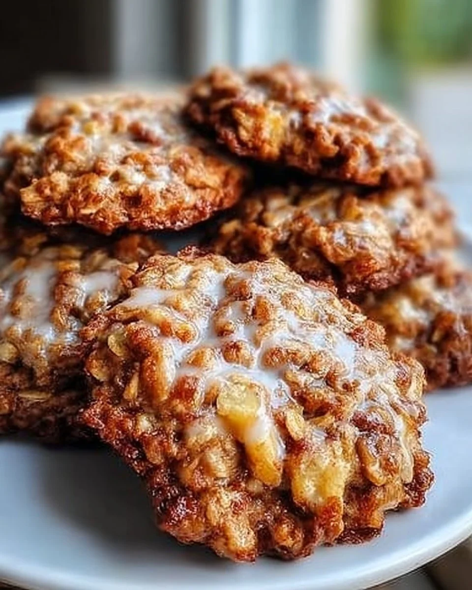Freshly baked chewy oatmeal apple cookies on a wooden table