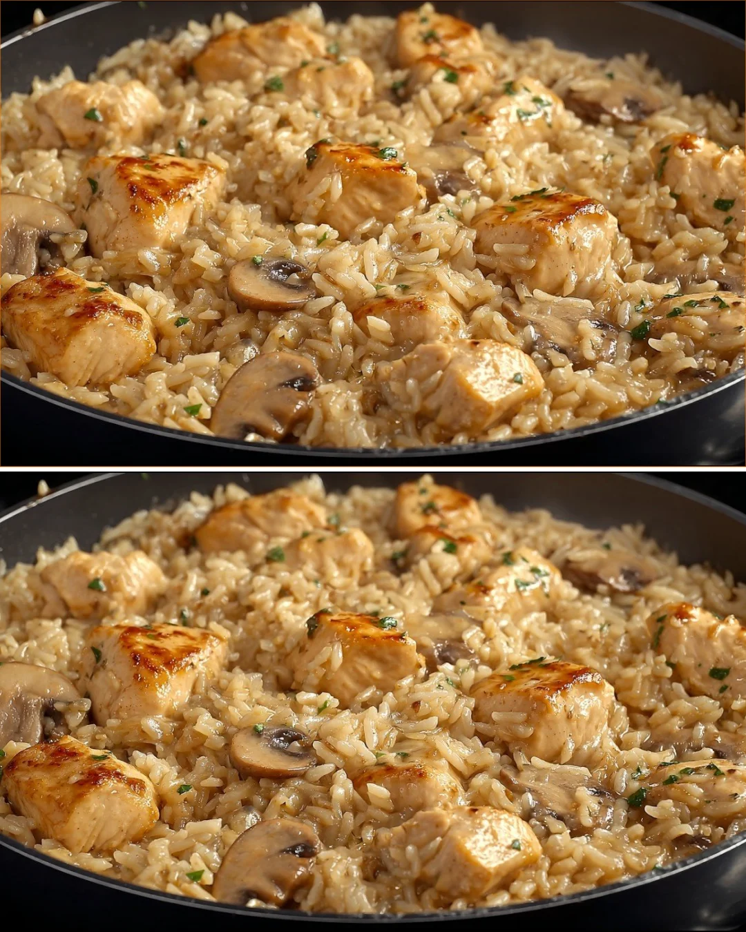 Delicious creamy chicken risotto served in a bowl with herbs.