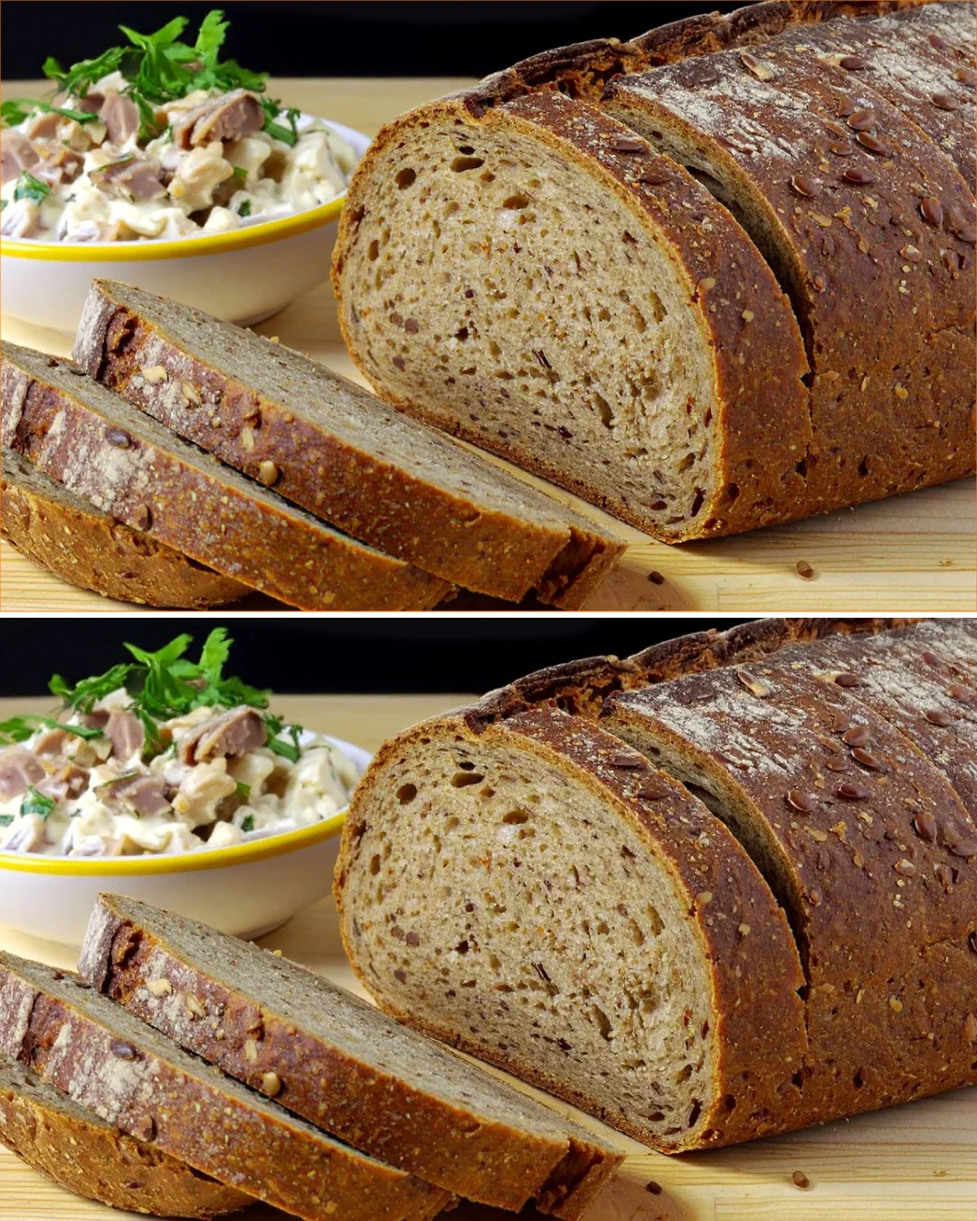 Freshly baked chickpea bread on a wooden cutting board