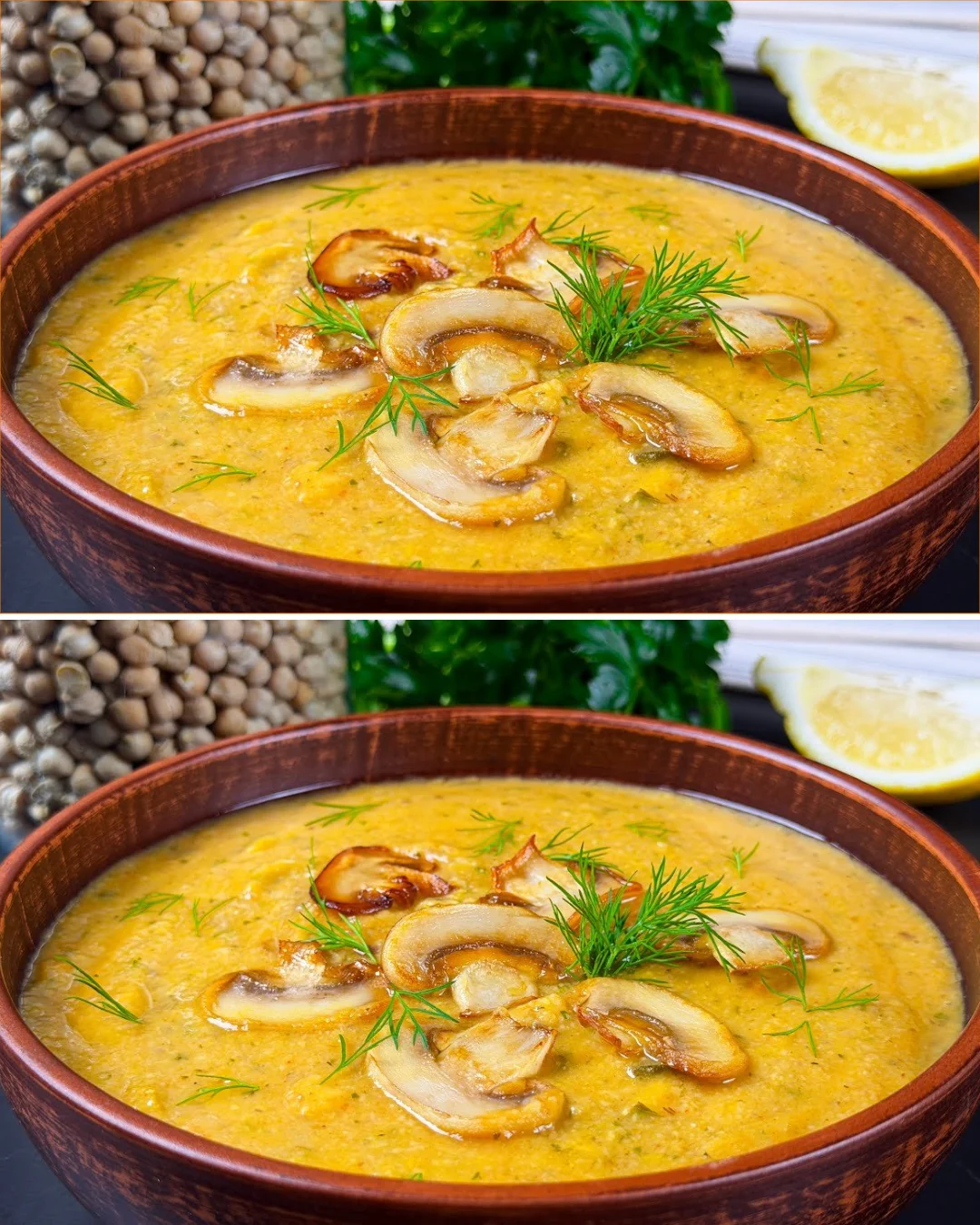 Bowl of Chickpea and Mushroom Soup garnished with herbs