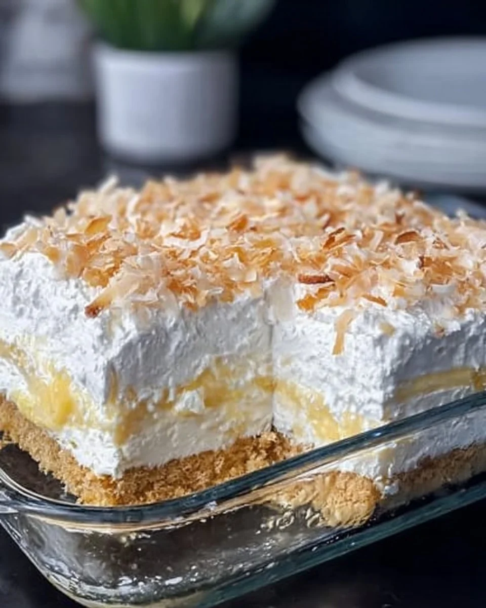 Delicious Coconut Cream Lush dessert topped with coconut flakes and whipped cream