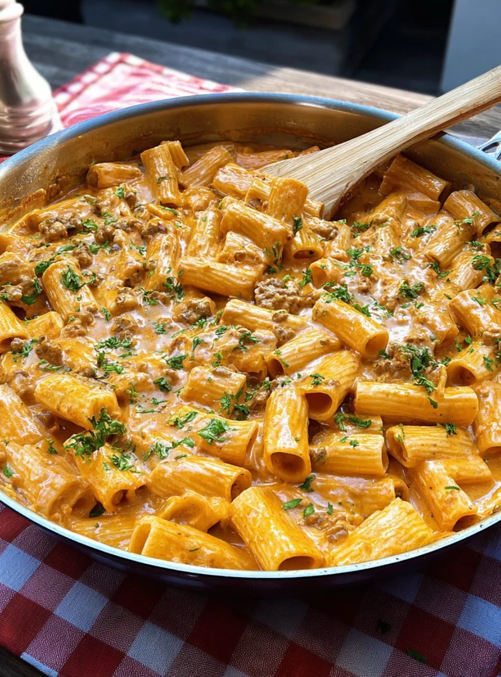 Creamy ground beef pasta served in a bowl with herbs on top