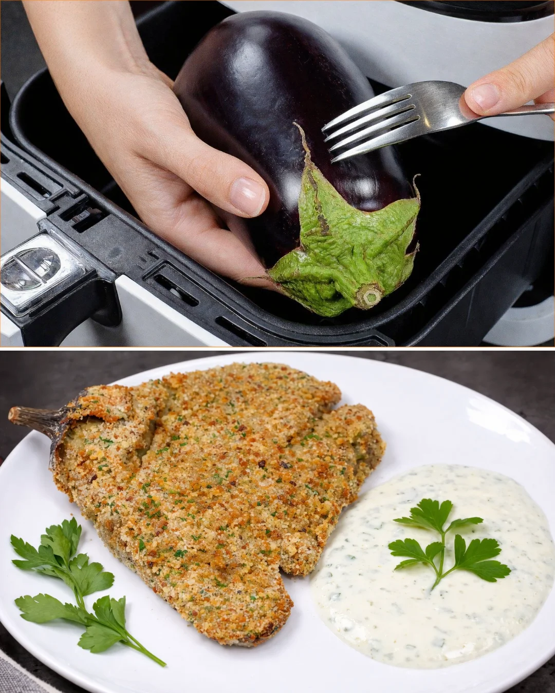 Crispy air-fried eggplant served on a plate with dipping sauce.