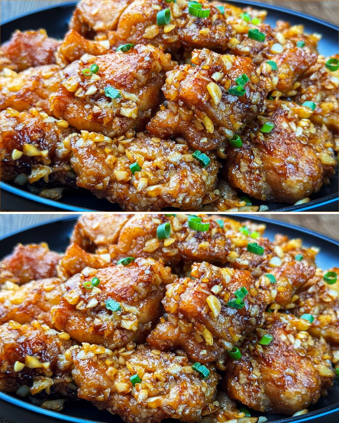 Delicious crispy garlic chicken garnished with herbs and spices.