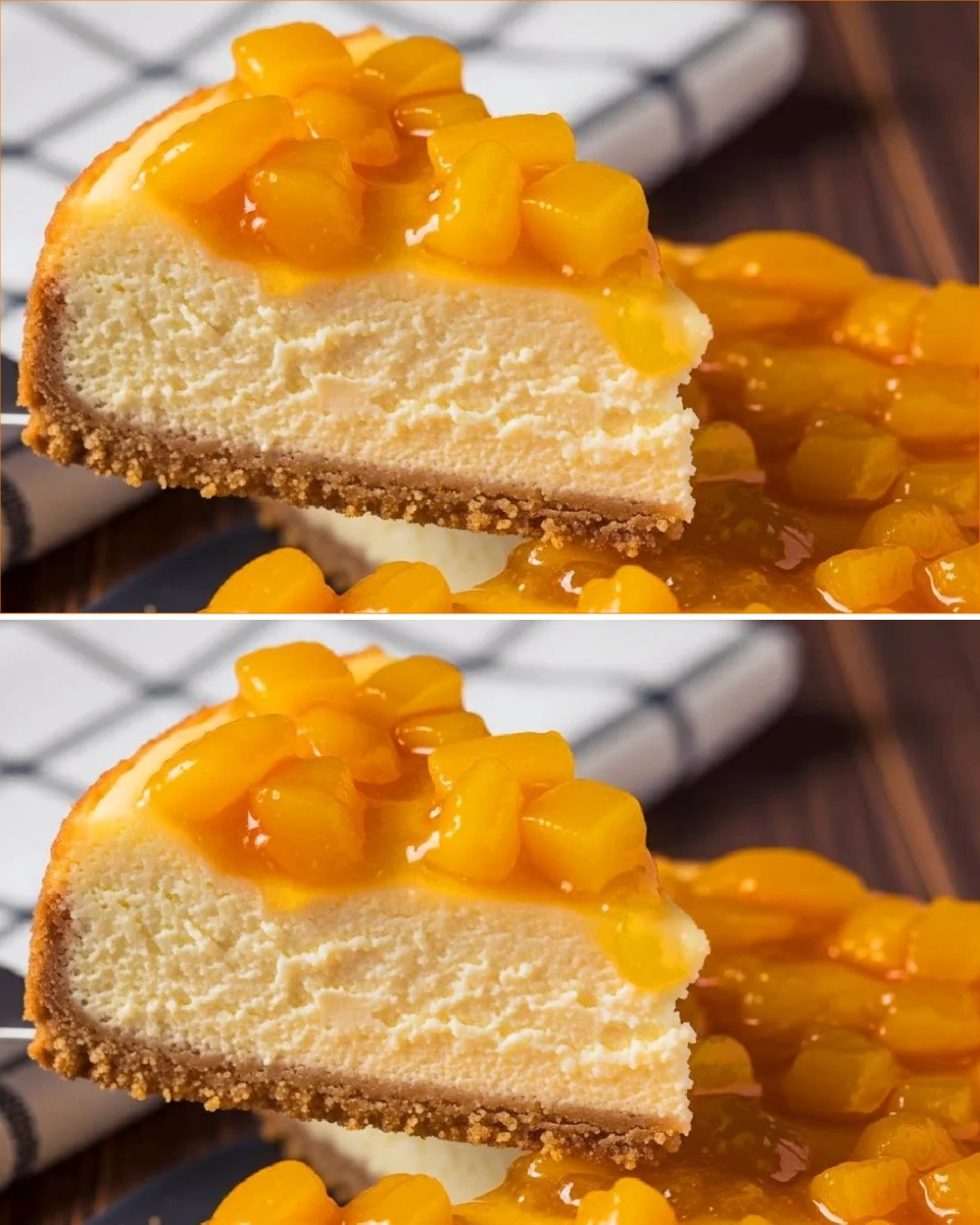 Delicious peach cheesecake topped with fresh peach slices and a creamy filling