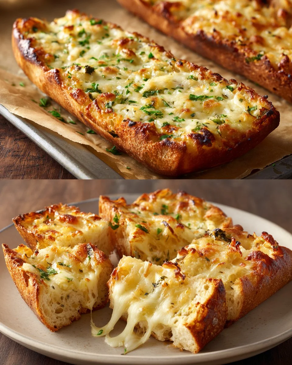 Delicious easy cheesy garlic bread ready to be served with a side dish.