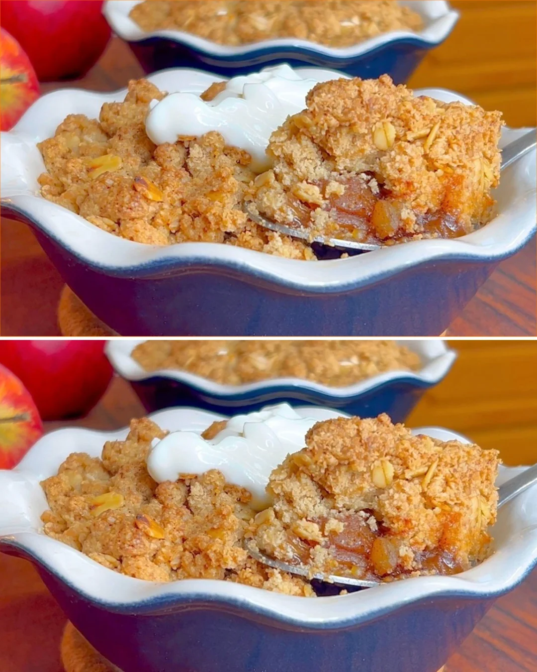 Delicious flourless apple crumble topped with crunchy oats and almonds