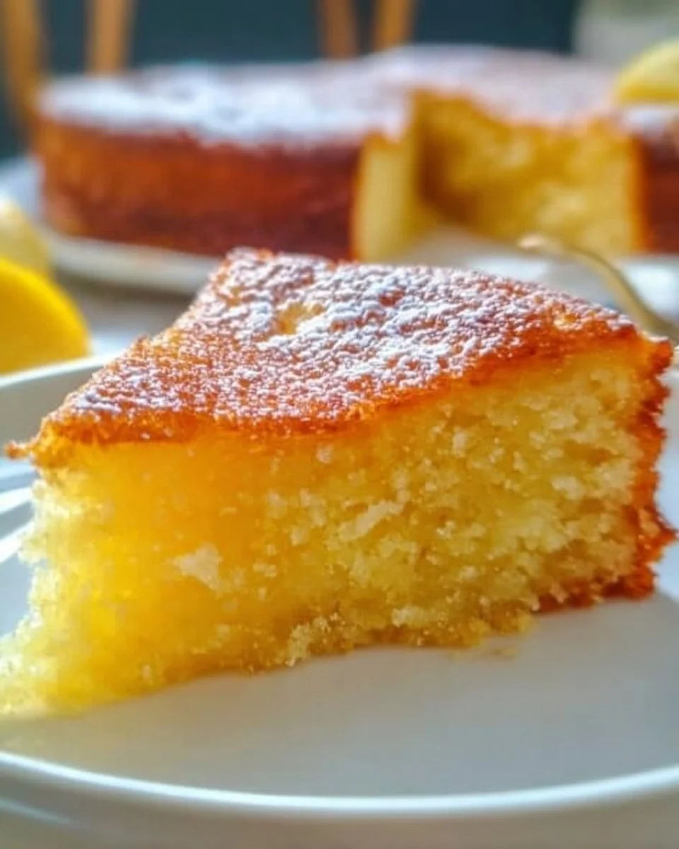Flourless lemon Greek yogurt cake with a slice cut out, showcasing its moist texture.