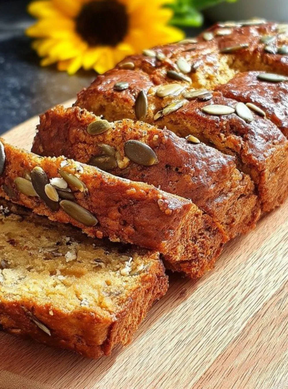 Flourless oatmeal bread loaf on a wooden cutting board