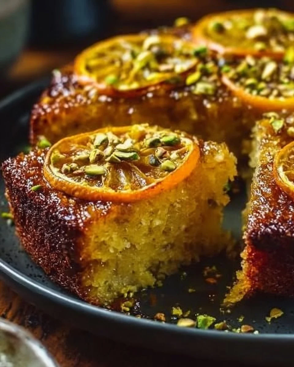 Flourless Orange Pistachio Cake topped with orange slices and pistachios