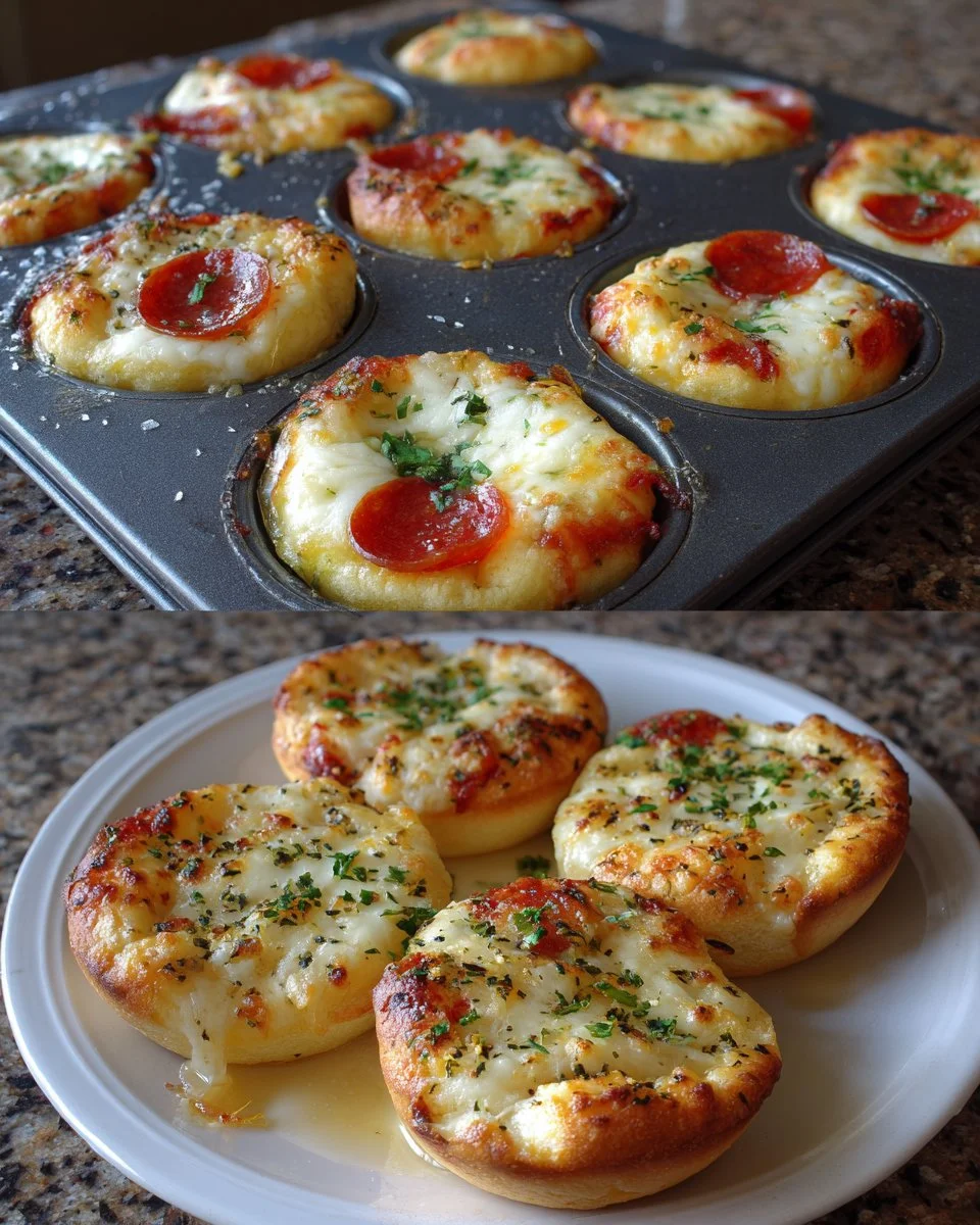 Delicious Garlic Butter Pizza Cupcakes topped with herbs and melted cheese