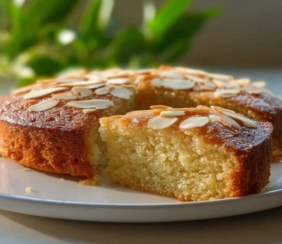 Gluten Free Almond Cake topped with almonds and dusted with powdered sugar