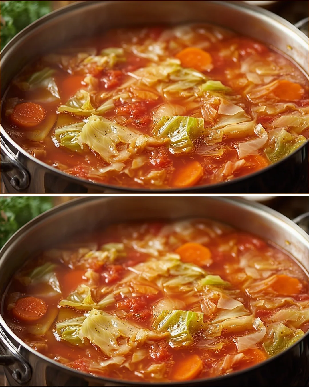 A bowl of healing cabbage soup with fresh vegetables and herbs.