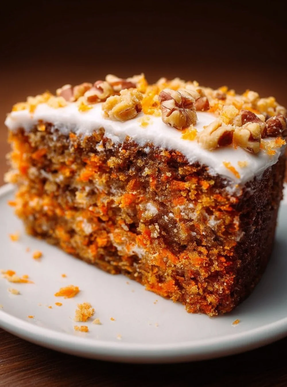 Slice of healthy carrot and orange cake with fresh ingredients on a wooden table