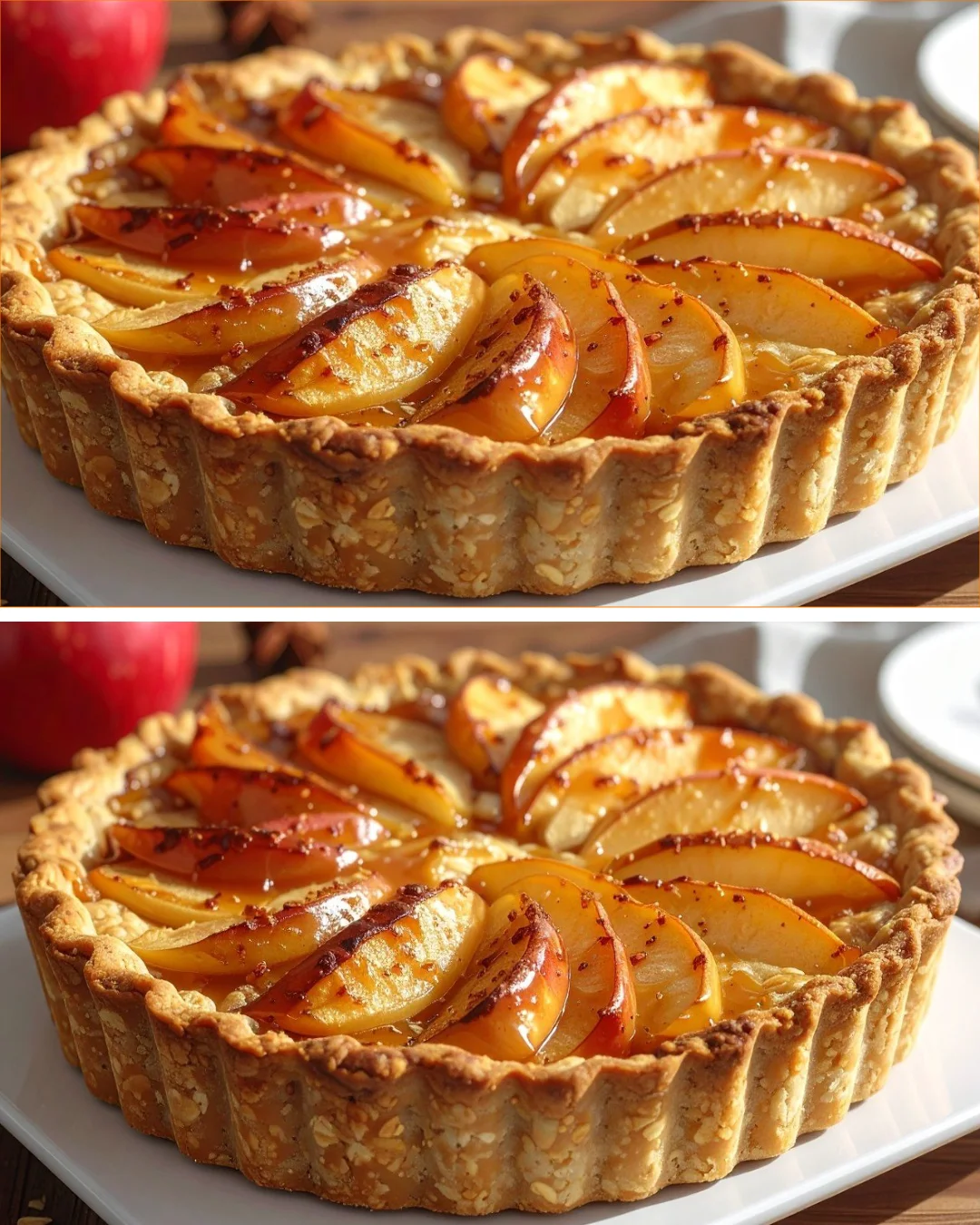 Healthy oatmeal cake with apples and bananas, topped with nuts.