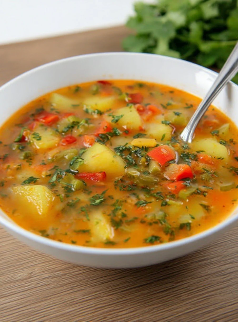 Bowl of hearty vegetable soup with fresh ingredients and herbs