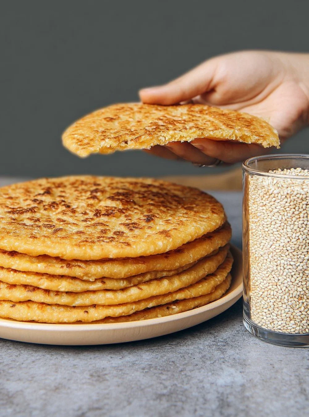 High-protein flatbread with seeds and herbs on a wooden board.