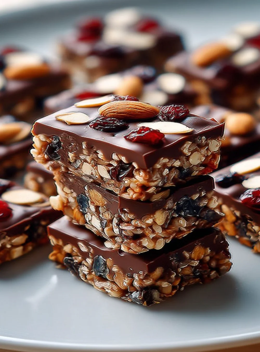 Homemade oat bars with nuts and dried fruit on a wooden table