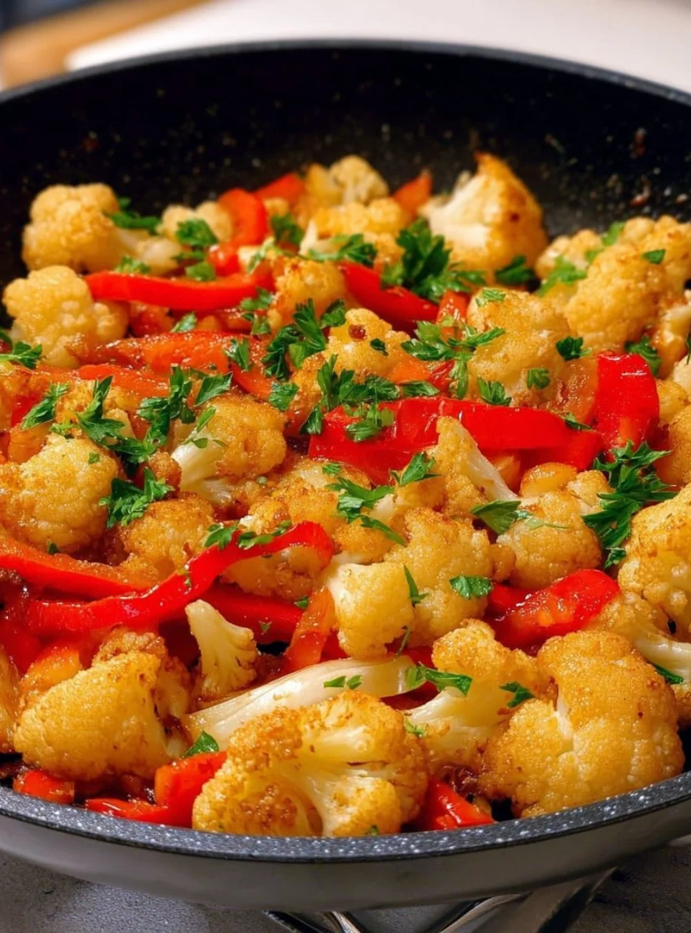 Sautéed cauliflower with vibrant bell peppers on a plate.
