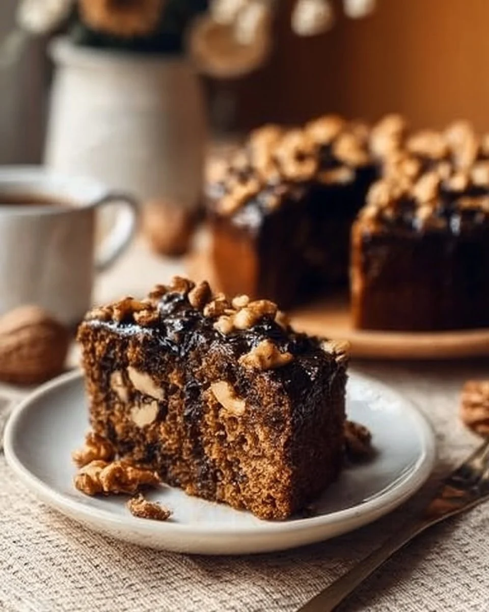 Moist espresso date cake topped with walnuts and a delicious coffee glaze