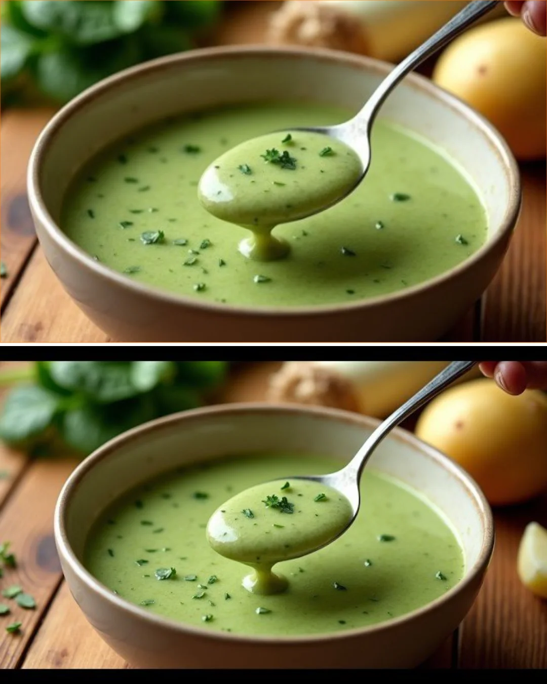 Bowl of creamy leek and spinach soup, garnished with fresh herbs.