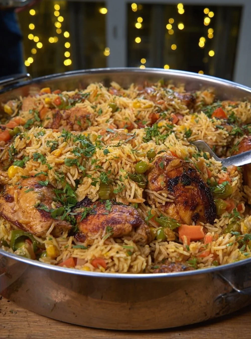 A delicious plate of Chicken and Rice Kabsa, showcasing traditional Arabian spices and garnishes.
