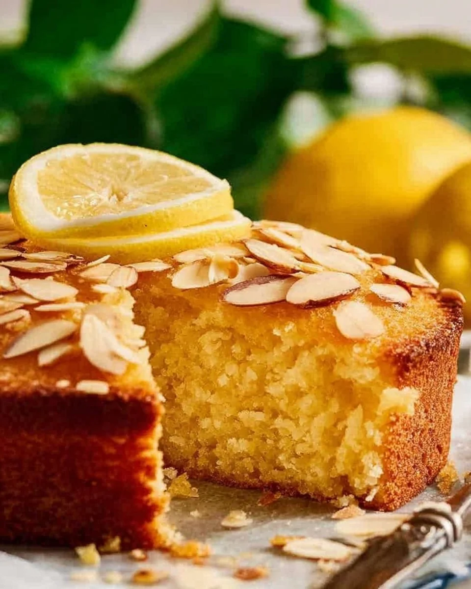 Lemon Coconut Almond Cake with a slice served on a plate