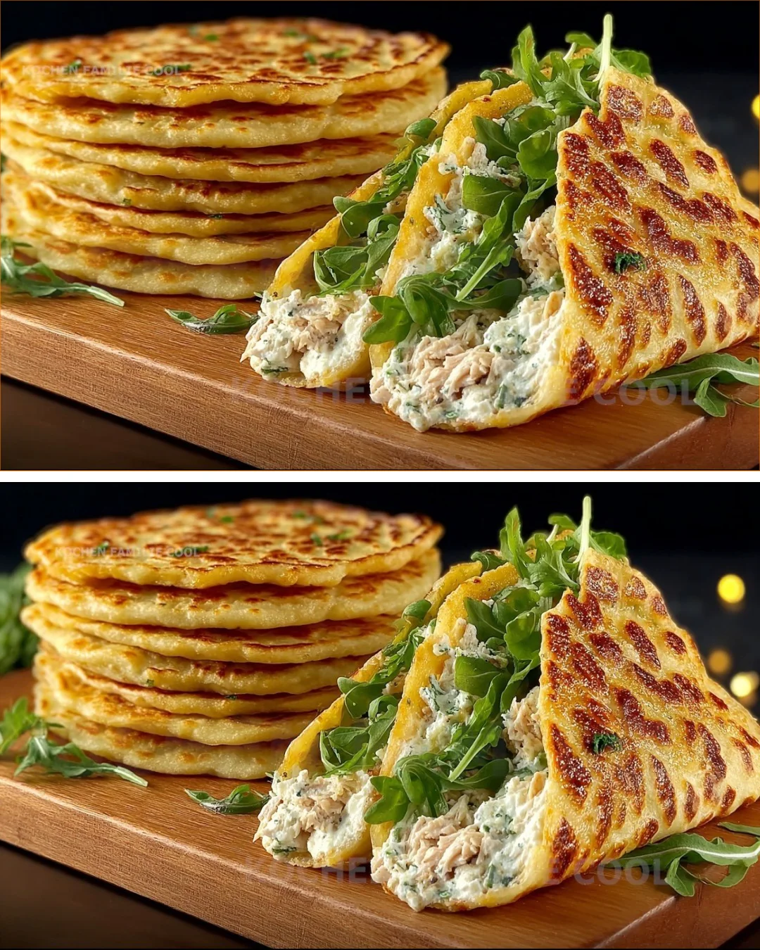 Lentil Flatbread served with Greek Yogurt on a wooden board