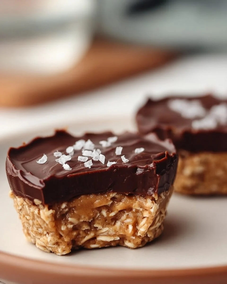 Low sugar no bake peanut butter oat cups stacked on a plate.
