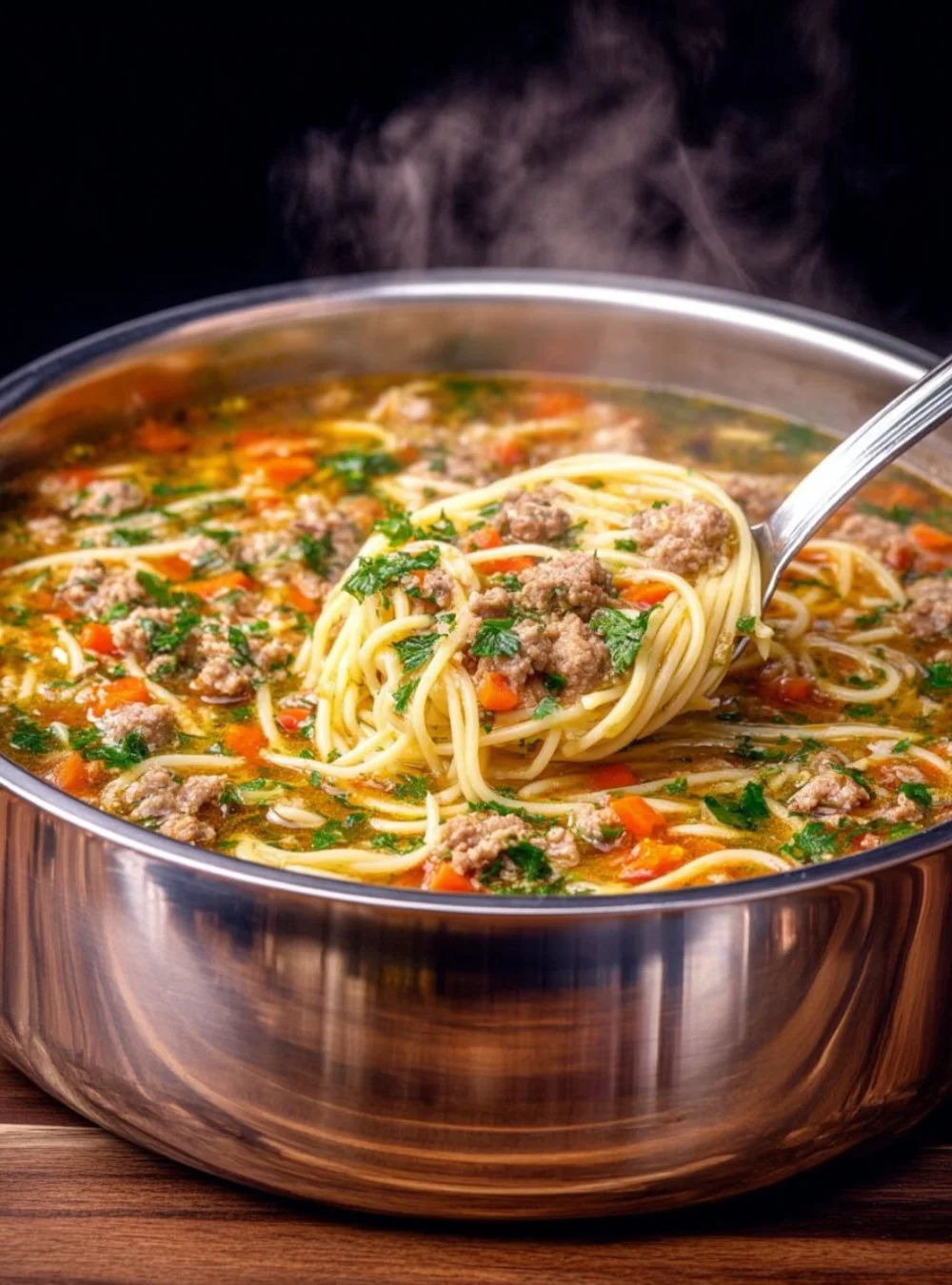 Delicious minced meat soup in a warm bowl garnished with herbs