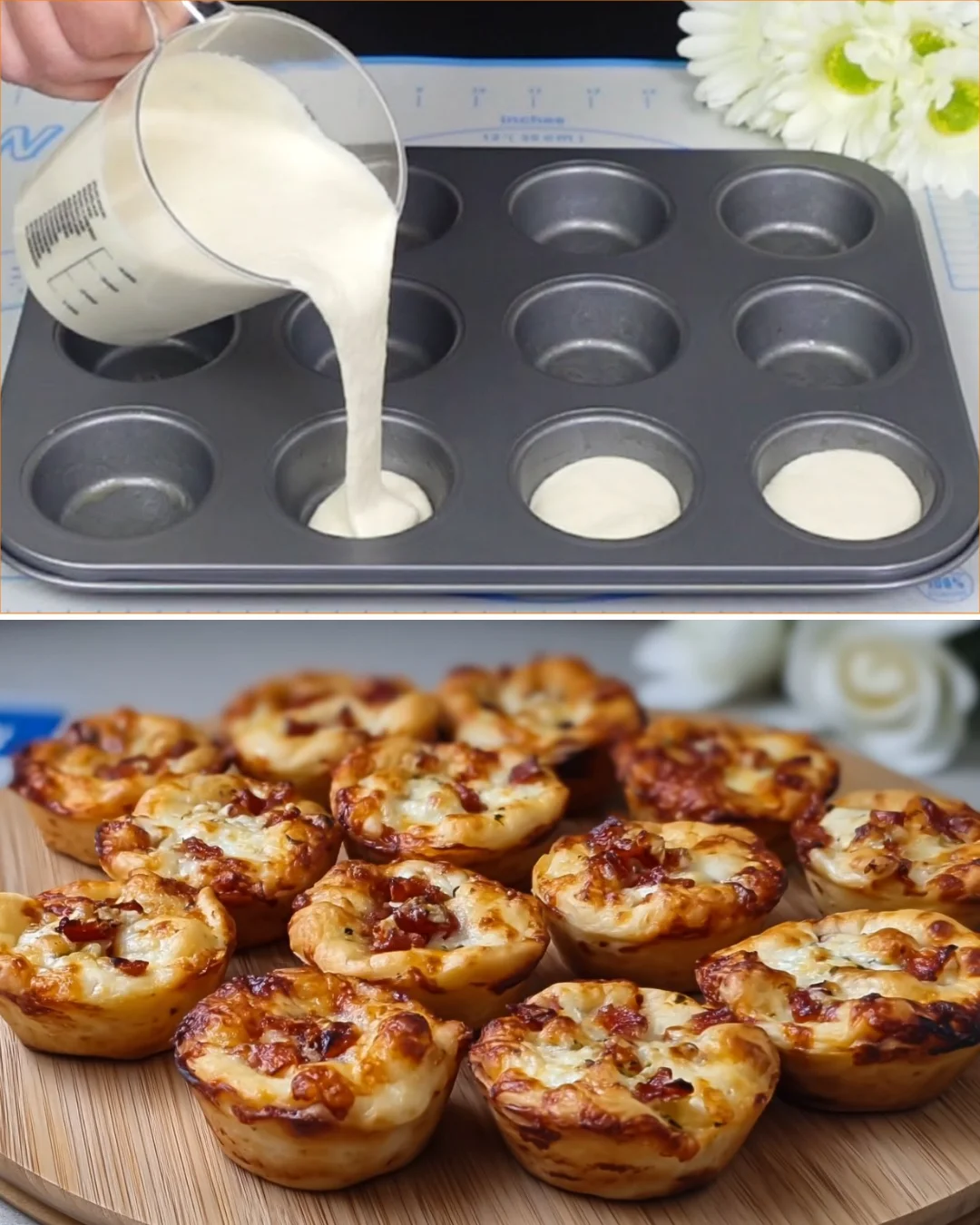 Mini pizzas made with liquid dough topped with fresh ingredients