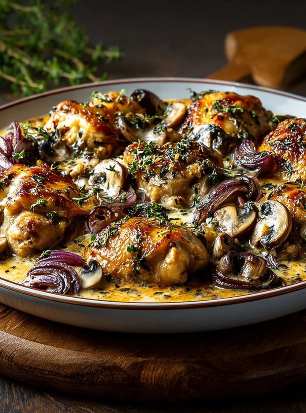 Delicious mushroom chicken served with vegetables on a plate