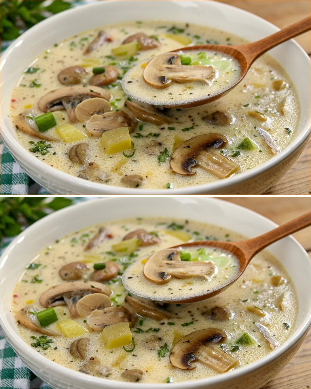 Creamy mushroom soup garnished with herbs in a bowl