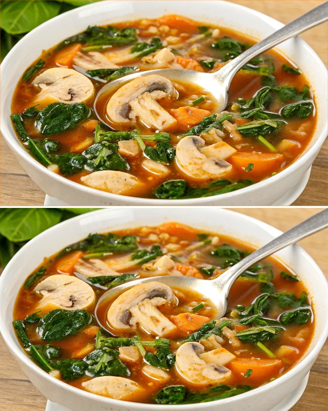Bowl of creamy mushroom soup with spinach garnished with fresh herbs.