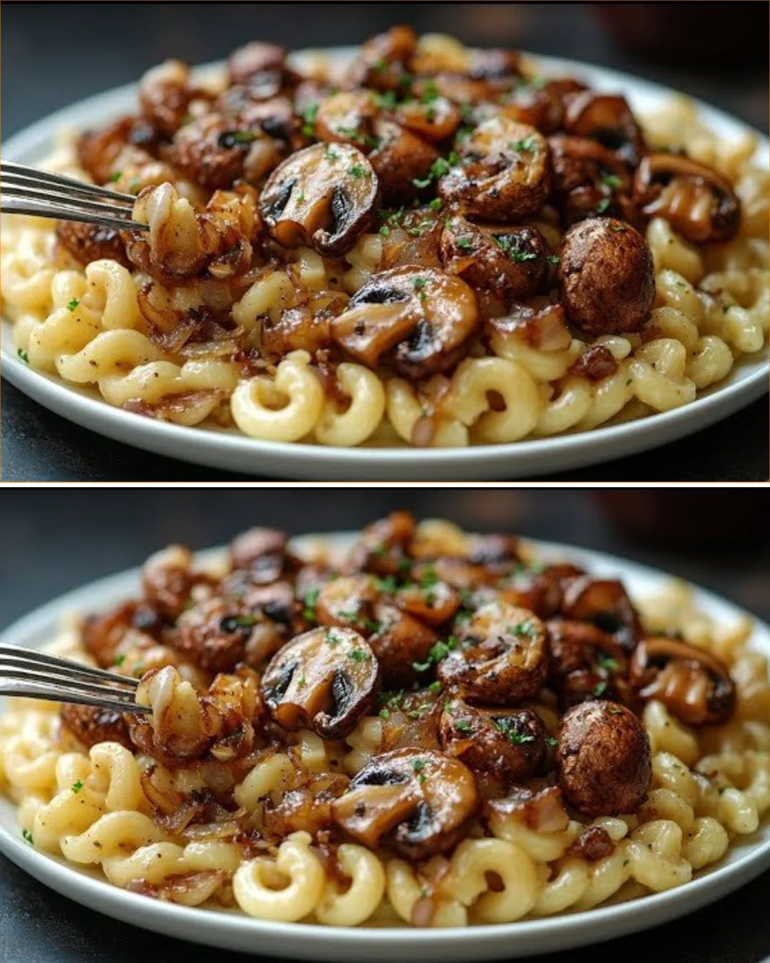 Creamy garlic mushrooms pasta served in a bowl with herbs on top