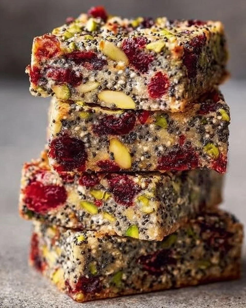 No-bake cranberry pistachio quinoa energy bars on a wooden table.