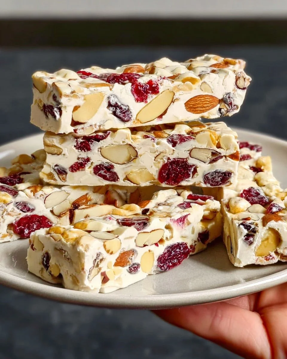 Delicious no-bake nougat treat served with nuts and chocolate on top.