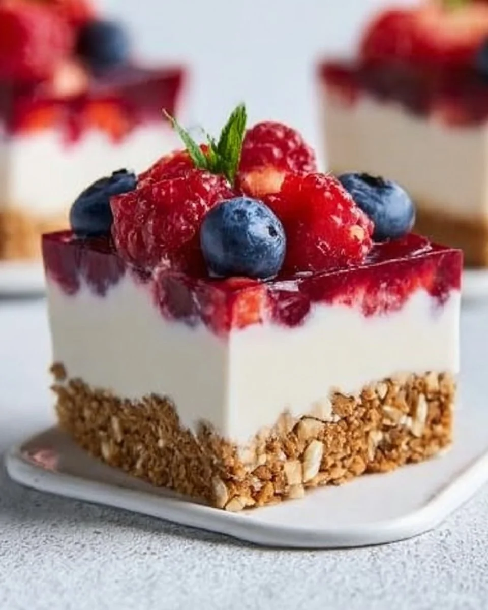 No-bake raspberry cheesecake bars topped with fresh raspberries