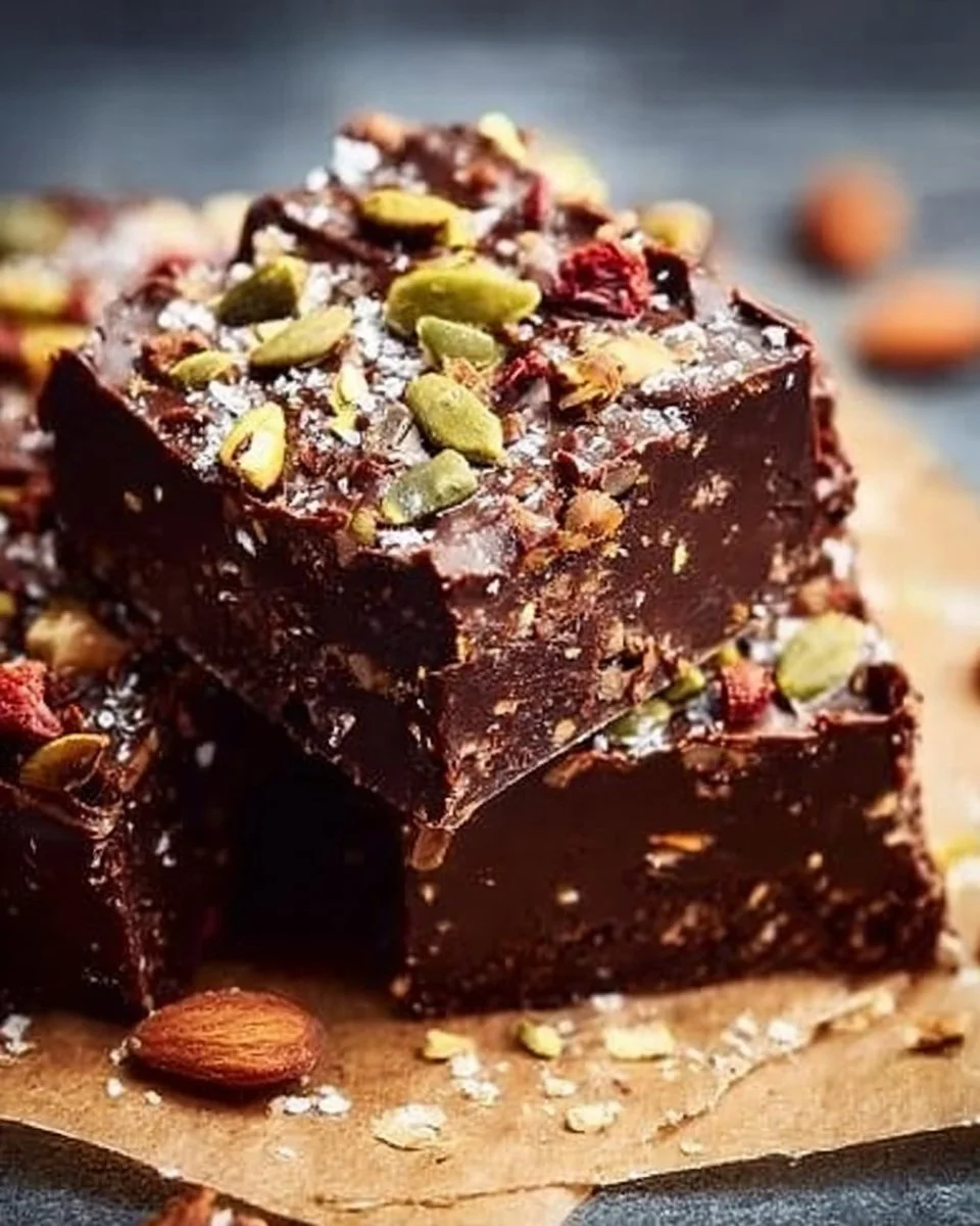 Delicious no bake superfood brownies topped with nuts and berries