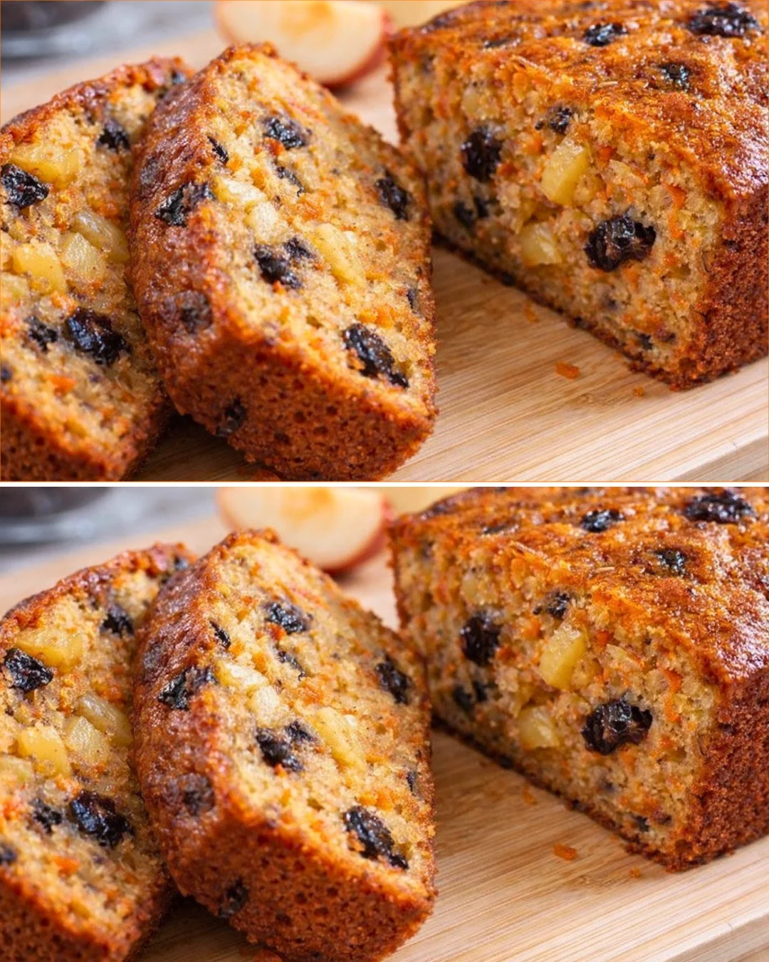 Delicious Oatmeal Cake with apple and carrot on a rustic wooden table.