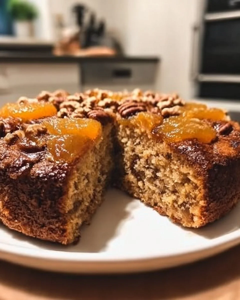 Moist orange date cake with walnuts, garnished with fresh oranges