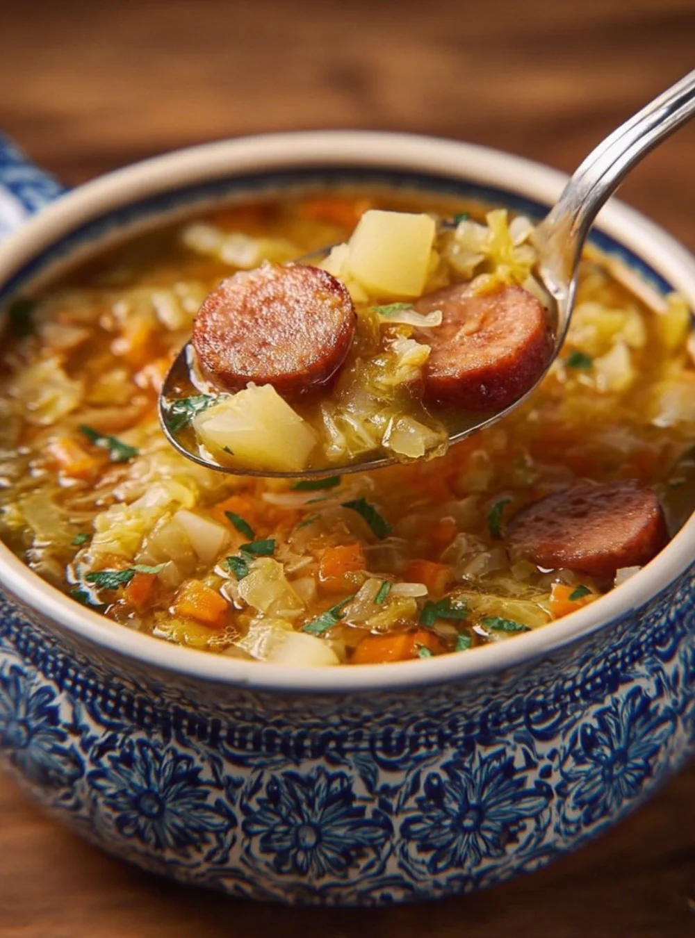 Bowl of potato cabbage soup with bacon and sausages, garnished with herbs.