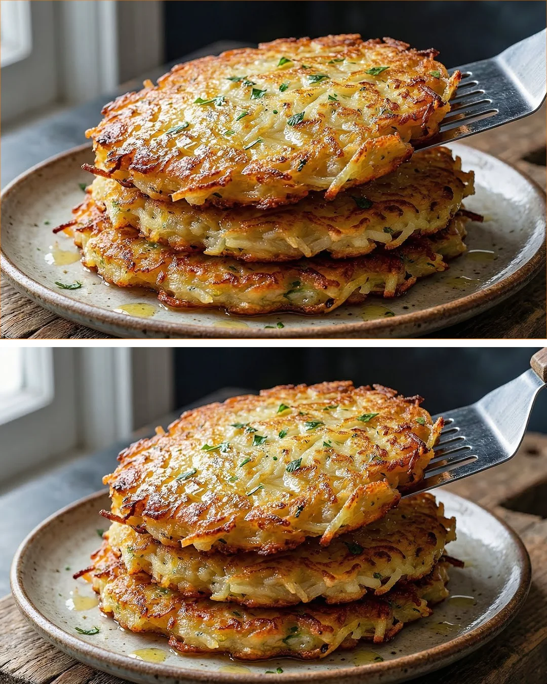 Homemade Potato Flatbread with Onion served on a rustic wooden plate