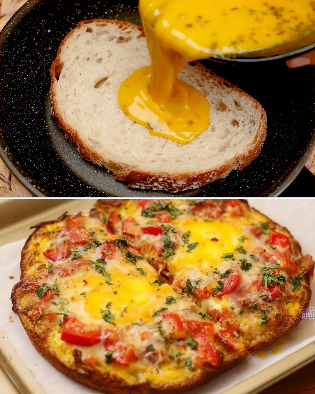 Eggs poured over toasted bread for a delicious breakfast dish