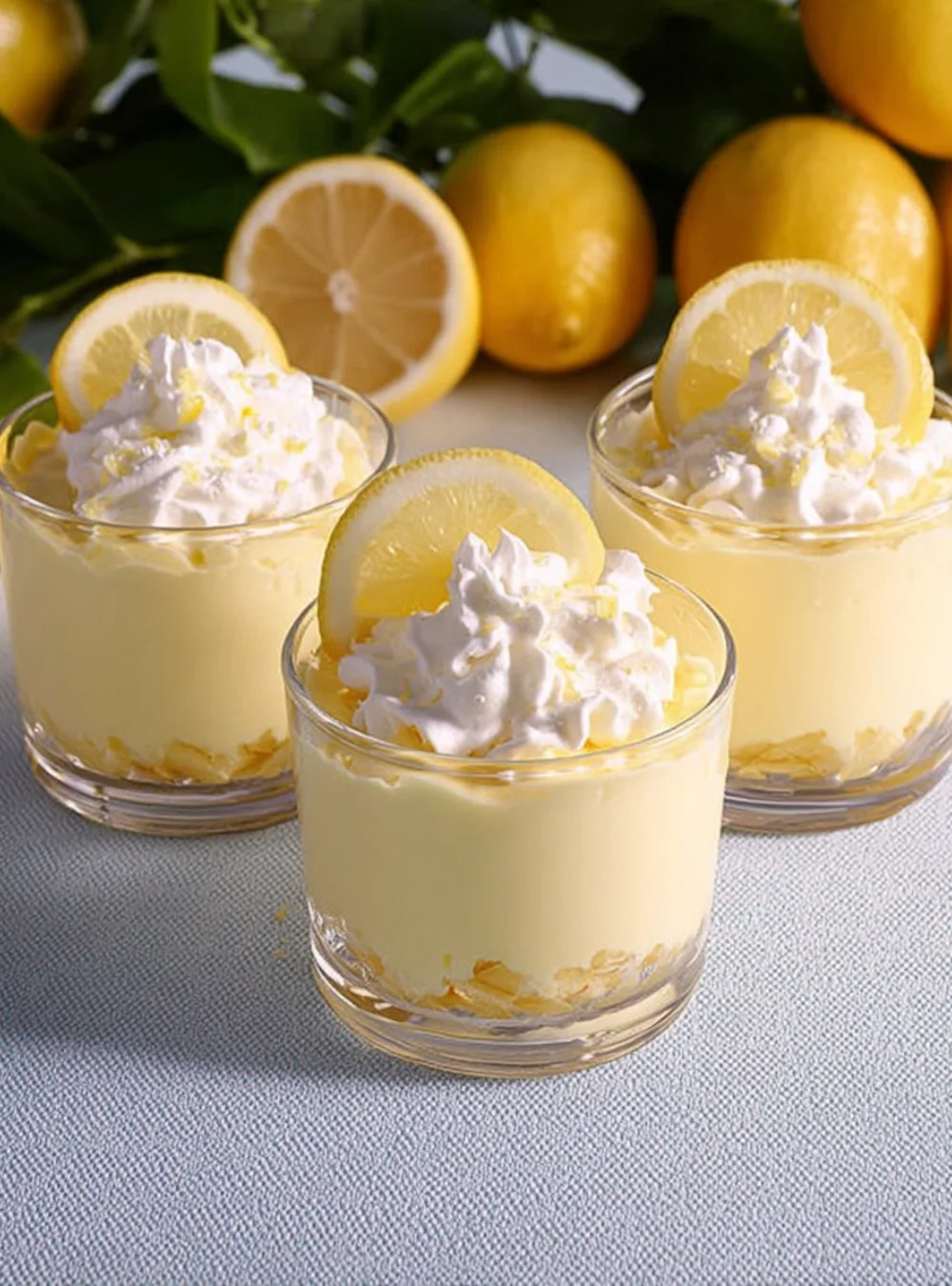 Delicious quick lemon mousse without gelatin or egg in a elegant glass.